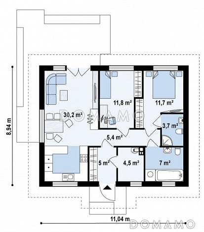 Проект простого компактного одноэтажного дома из кирпича с открытой террасой / План 1 этажа