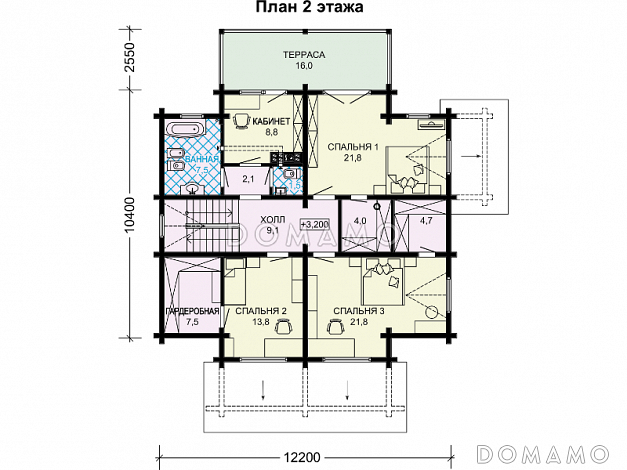 Проект двухэтажного дома с кухней-столовой, сауной и большими спальнями / План 2 этажа