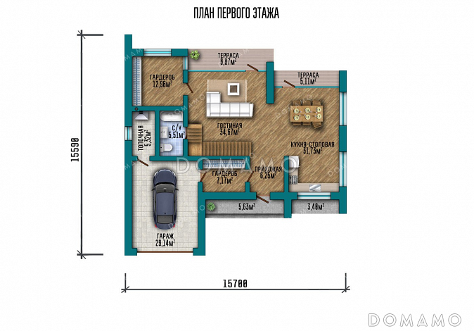 Проект большого двухэтажного дома с гаражом и террасой / План 1 этажа