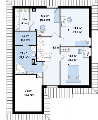 Проект мансардного дома из кирпича с кабинетом, гаражом и техническим помещением / План мансардного этажа