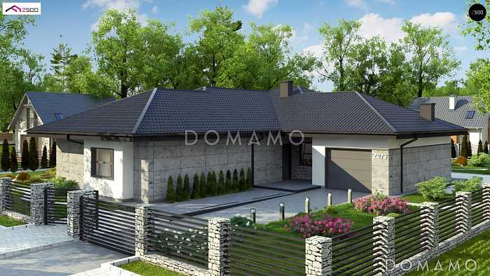 Проект одноэтажного дома из газобетона с просторной гостиной, тремя спальнями и гаражом