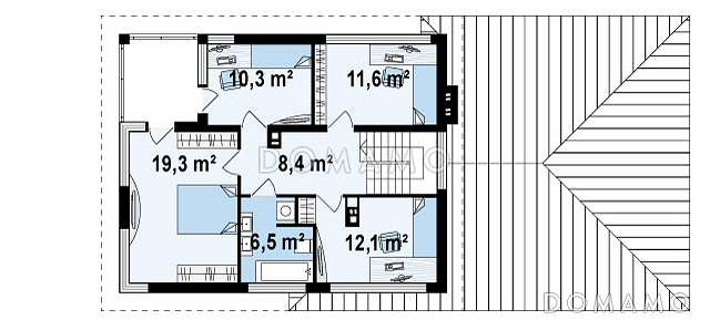 Проект современного двухэтажного дома из газобетона с четырьмя комнатами, большим гаражом, террасой и балконом / План 2 этажа