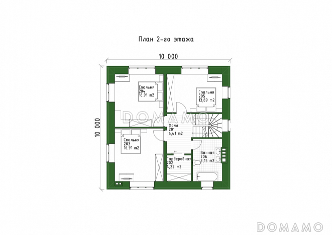 Проект компактного двухэтажного дома с террасой, гостиной и 4 спальнями / План 2 этажа