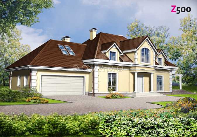 Проект большого одноэтажного мансардного дома из газобетона с просторной гостиной, гаражом и бильярдной 