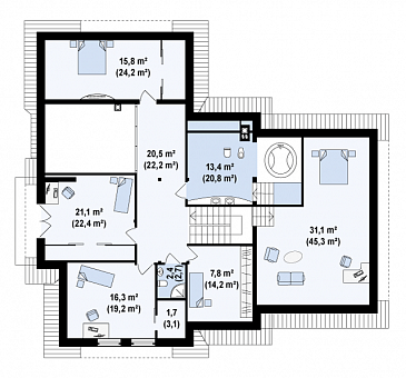 Проект просторного мансардного коттеджа из кирпича с пятью спальнями, кабинетом и гаражом / План мансардного этажа