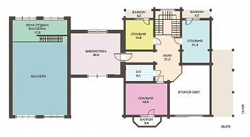 Проект двухэтажного дома из клееного бруса с бассейном и сауной на первом этаже / План мансардного этажа