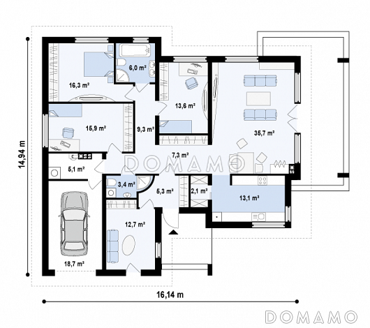 Проект одноэтажного дома из газобетона со свободной планировкой на мансардном этаже и гаражом для одного автомобиля / План 1 этажа