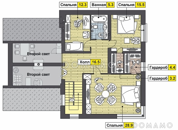 Проект дома с навесом для автомобилей, кухней с выходом на крытую террасу, двумя спальнями на первом этаже, вторым светом / План мансардного этажа