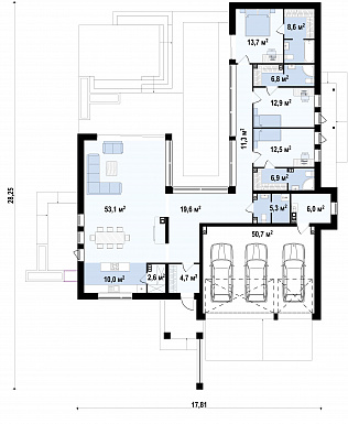 Проект просторного современного одноэтажного дома из кирпича с плоской крышей, с тремя спальнями, террасой и гаражом для трёх автомобилей / План 1 этажа