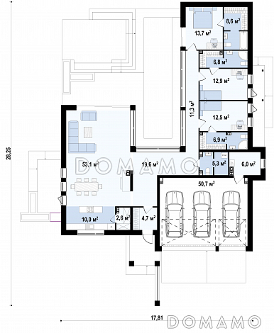 Проект просторного современного одноэтажного дома из кирпича с плоской крышей, с тремя спальнями, террасой и гаражом для трёх автомобилей / План 1 этажа