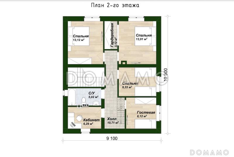 Проект двухэтажного дома с 5 спальнями, террасой, пристроенной мастерской и люкарной с балконом / План 2 этажа