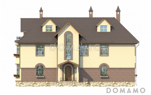 Проект просторного коттеджа из кирпича для узкого участка / Фасад 1