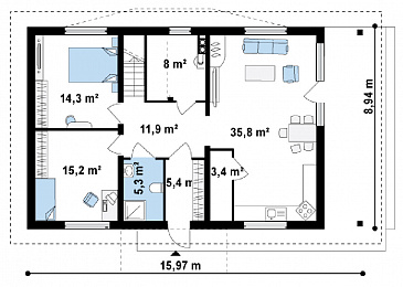 Проект большого одноэтажного дома с мансардным этажом из газобетона с пятью спальнями, с современными фасадами / План 1 этажа