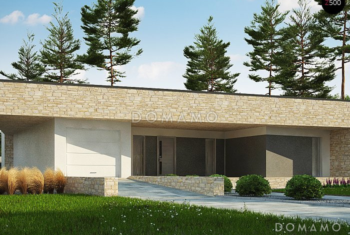 Проект просторного современного одноэтажного дома из газобетона с плоской крышей с тремя спальнями, крытыми террасами и одноместным гаражом