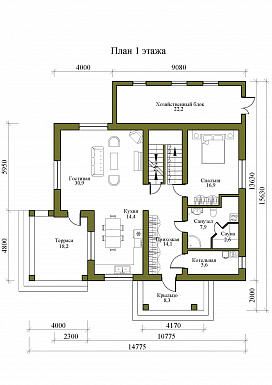 Проект двухэтажного дома с погребом, сауной, террасой и балконом / План 1 этажа