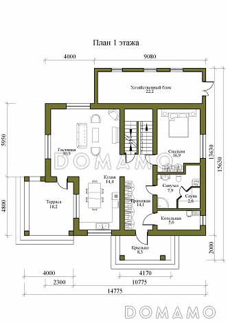 Проект двухэтажного дома с погребом, сауной, террасой и балконом / План 1 этажа