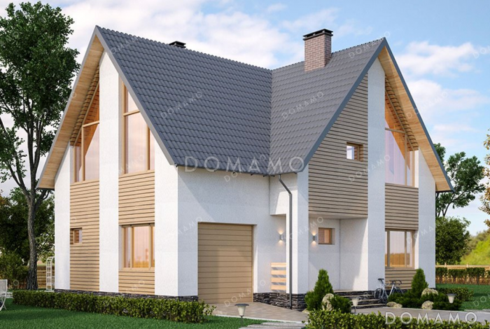 Проект одноэтажного дома с мансардой и гаражом в современном стиле