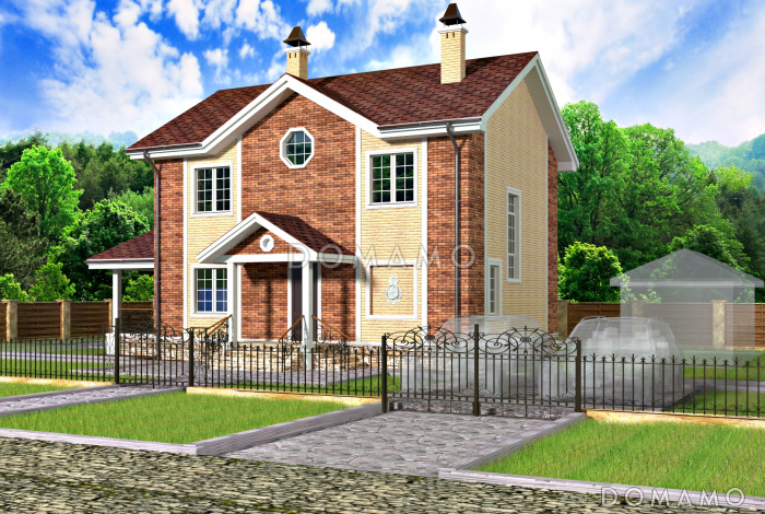 Проект двухэтажного коттеджа с террасой и двухцветной облицовкой