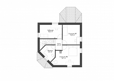 Проект квадратного  коттеджа  со входом с угла, террасой и подвалом. / План мансардного этажа