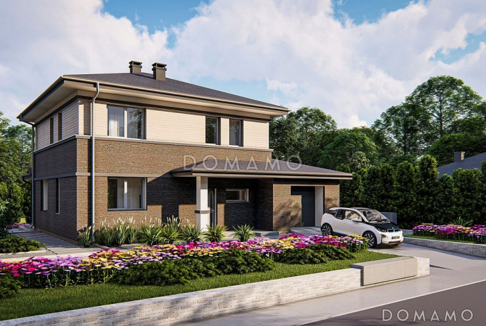 Проект двухэтажного дома с котельной в гараже, кладовой, крытой террасой