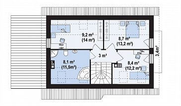 Проект одноэтажного мансардного дома из газобетона с балконом и навесом для автомобиля, с увеличенной гостиной / План мансардного этажа