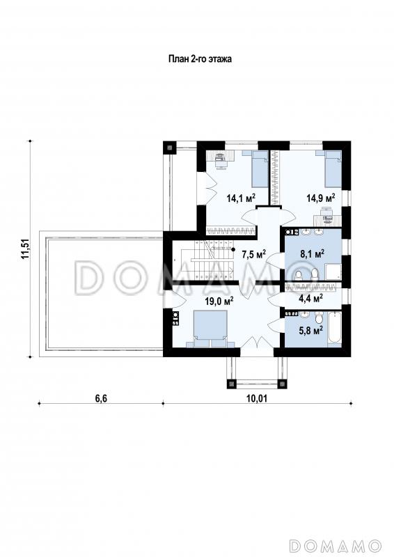 Проект современного двухэтажного дома из кирпича балконом, лоджией и открытой террасой над двухместным гаражом / План 2 этажа