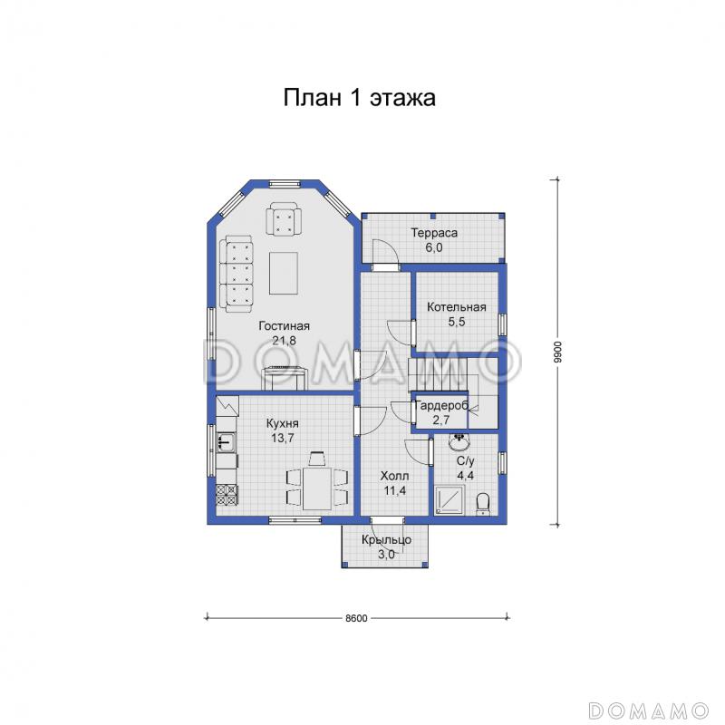 Дом с большим балконом-террасой на втором этаже / План 1 этажа