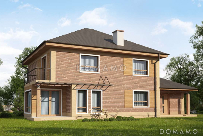 Проект двухэтажного дома из газобетона с тремя спальнями, кабинетом, гаражом и балконом