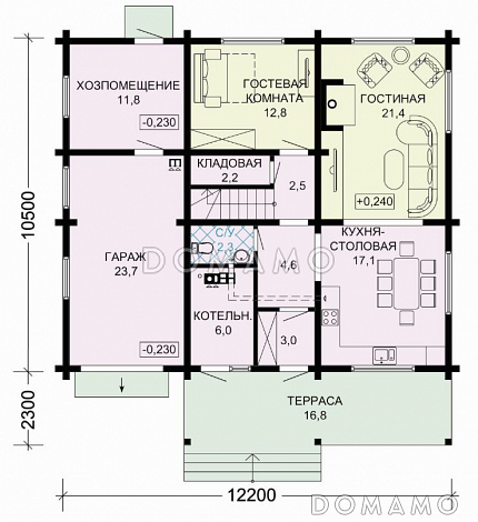 Проект комфортабельного дома из бруса с гаражом и изящной террасой / План 1 этажа