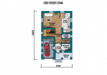 Проект двухэтажного дома с гаражом, 4 спальнями, широким балконом и большим крыльцом / План 1 этажа