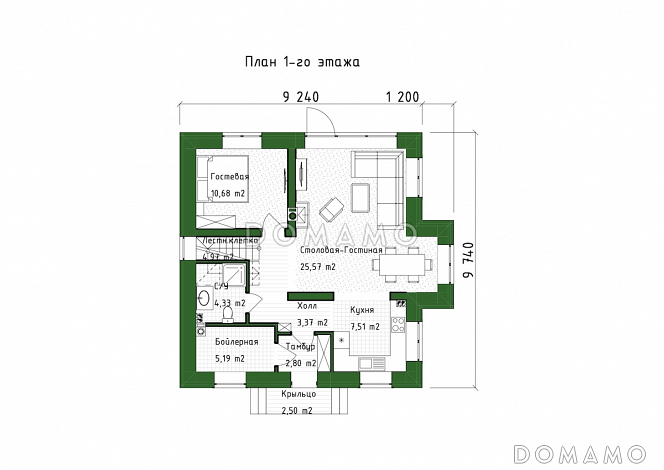 Проект компактного двухэтажного дома с 3 балконами и мансардой / План 1 этажа
