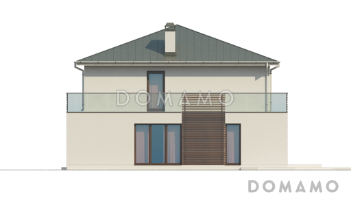 Проект современного двухэтажного дома из газобетона с дополнительной спальней на первом этаже, гаражом и открытой террасой на втором этаже / Фасад 2