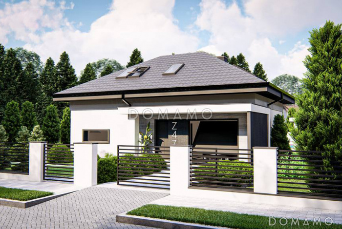 Проект загородного дома с гаражом, кладовой на кухне, мастер-спальней в мансарде