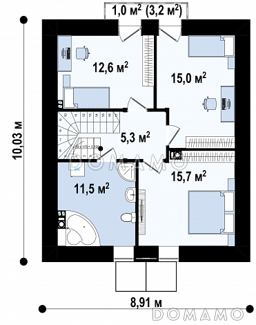 Проект комфортного загородного с отделкой фасадов кирпичом, кладовой, с террасой, балконом / План мансардного этажа