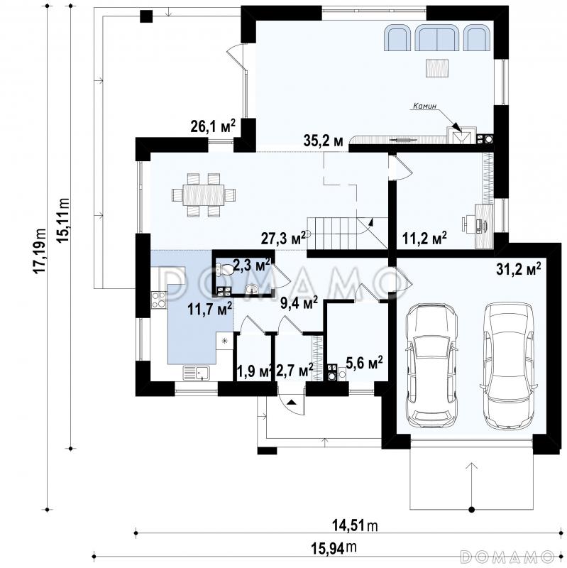 Проект просторного двухэтажного дома из кирпича со встроенным гаражом и двумя террасами на обоих уровнях / План 1 этажа