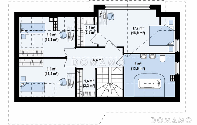 Проект увеличенного одноэтажного мансардного дома из газобетона с гаражом и большим фронтонным окном / План мансардного этажа