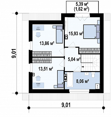 Проект дома с террасой, мансардными окнами, балконом,  треугольным окном в ванной на мансарде / План мансардного этажа