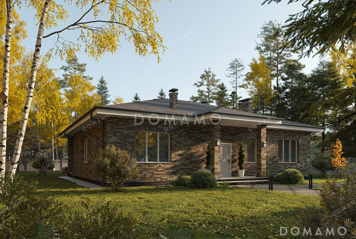 Проект одноэтажного дома с просторной террасой и гостиной