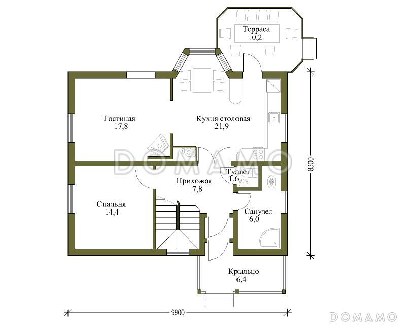 Проект коттеджа из бруса с верандой / План 1 этажа