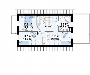 Проект мансардного одноэтажного дома из газобетона с тремя спальнями, гаражом и террасой над ним / План мансардного этажа