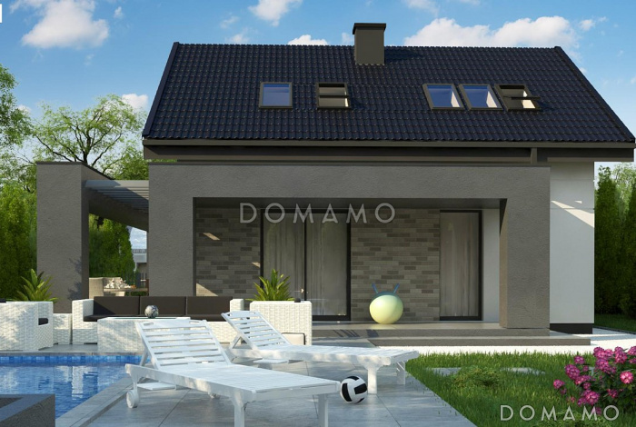 Проект компактного одноэтажного мансардного дома из кирпича с кабинетом и тремя спальнями