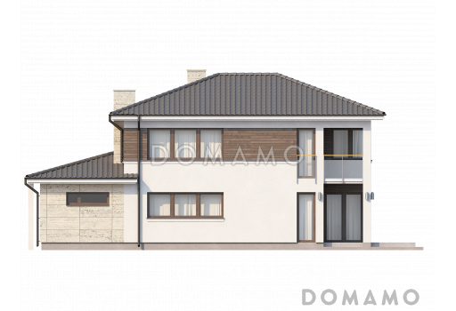 Проект современного двухэтажного дома из газобетона с четырьмя комнатами, гаражом, террасой и балконом / Фасад 3