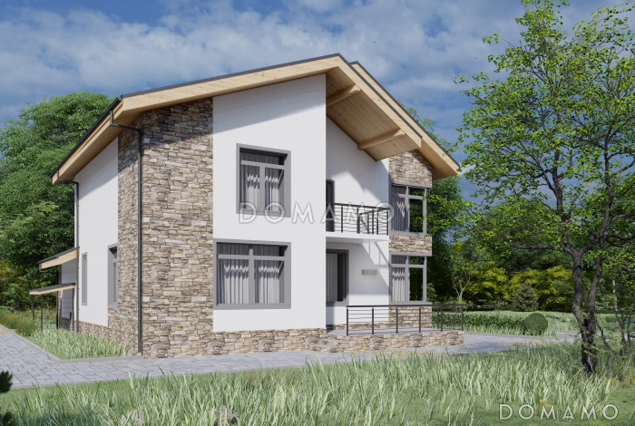 Проект двухэтажного дома из газобетона с двускатной крышей с подвалом, террасой и балконом