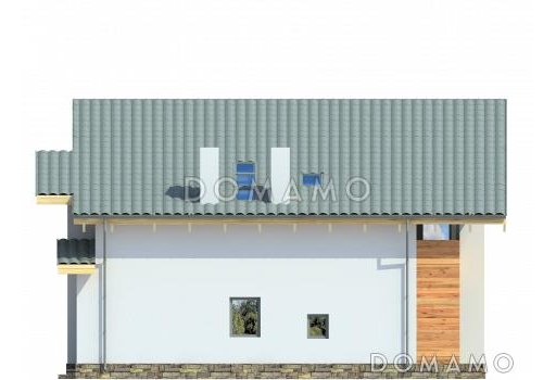 Проект дома с односкатной крышей, панорамными окнами, кухней с выступом для рабочей зоны, просторной гостиной, двумя балконами / Фасад 2