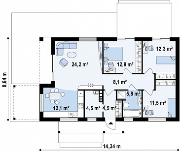Проект одноэтажного дома из газобетона современного дизайна / План 1 этажа