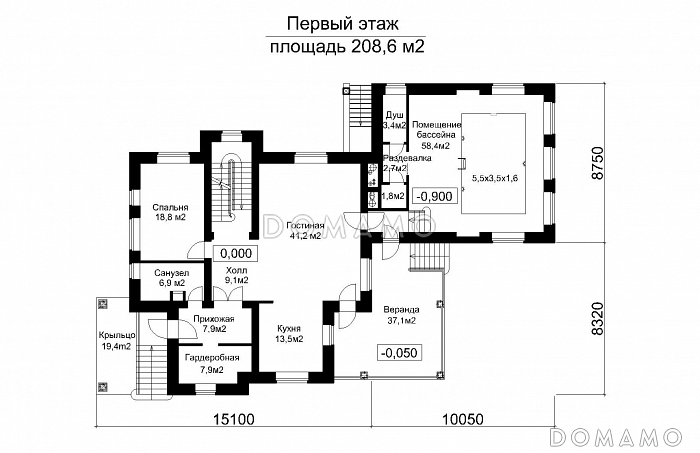 Проект загородного дома с подвалом и пристроенным бассейном / План 1 этажа