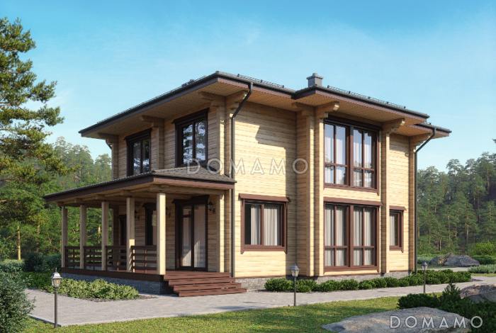 Проект двухэтажного дома из бруса с пятью комнатами, эркером и крытой террасой