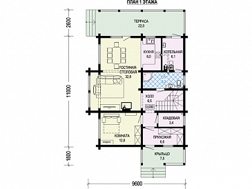 Проект двухэтажного дома с террасой, кладовой, двумя детскими спальнями / План 1 этажа
