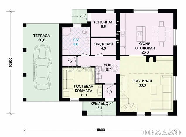 Проект дома из панелей SIP в стиле фахверк с двусветной гостиной и навесом для машины / План 1 этажа