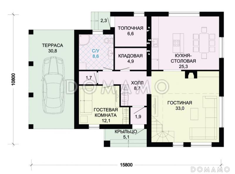 Проект дома из панелей SIP в стиле фахверк с двусветной гостиной и навесом для машины / План 1 этажа